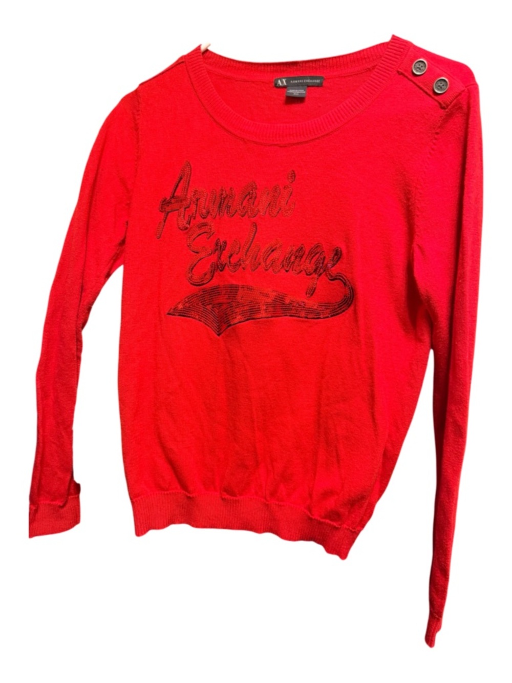 Armani Exchange Red Logo Button-Shoulder Crewneck Sweater